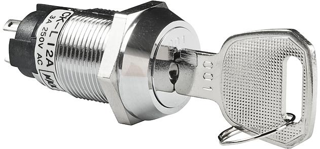 NKK Switches-CKL12AFW01-001 Interruttore con serratura Switch Key Lock ON None ON SPDT 90° Flat Key 3A 250VAC Solder Lug 30000Cycles Panel Mount