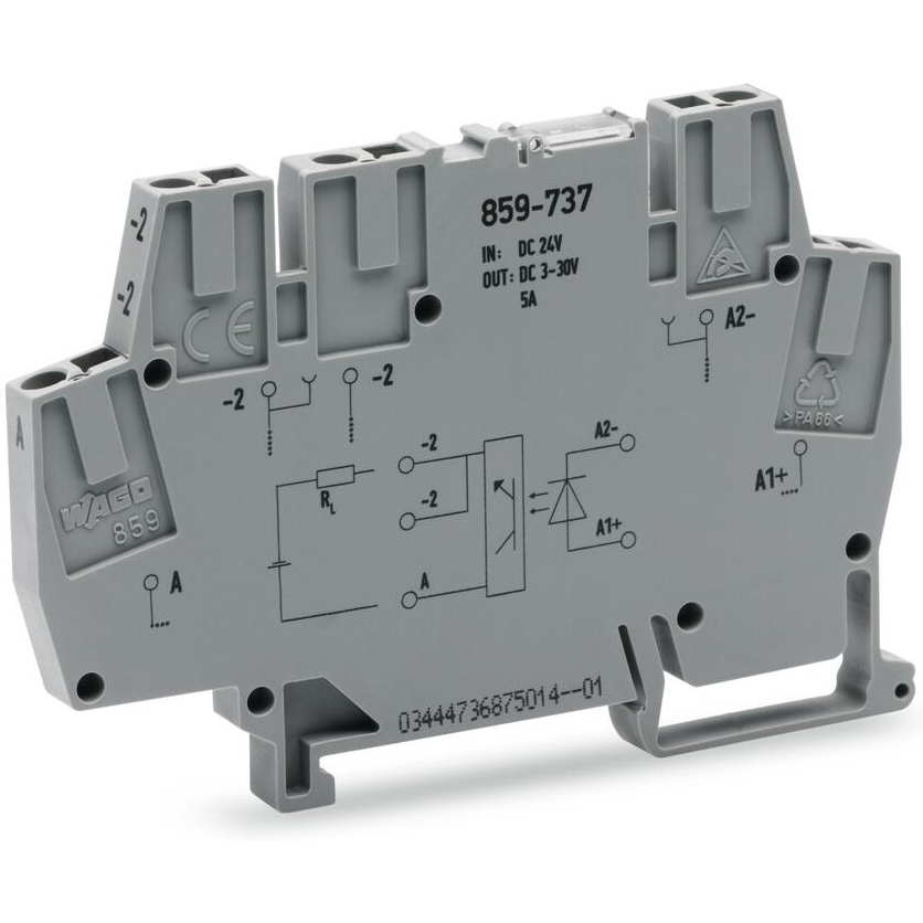 WAGO-859-737 光耦合器 Optocoupler Module, Nominal input voltage 24 VDC, Output voltage range 0-30 VDC, Limiting continuous current 5 A, 2-wire connection, Red indicator, Module width 6 mm