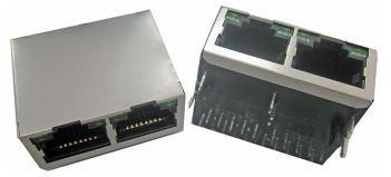 Abracon-ARJ-202 Telecomunicaciones y teléfono del conector Conn RJ-45 RCP 8/8 POS 1.27mm Solder RA Thru-Hole 24 Terminal 2 Port Cat 3/Cat 5e/Cat 6 Tray