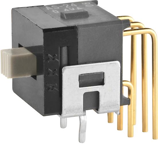 NKK Switches-AS24AH Interruptor corredizo Switch Slide ON ON ON SP3T Side Slide 0.1A 28VAC 28VDC 0.4VA 50000Cycles PC Pins Bracket Mount/Through Hole Tray
