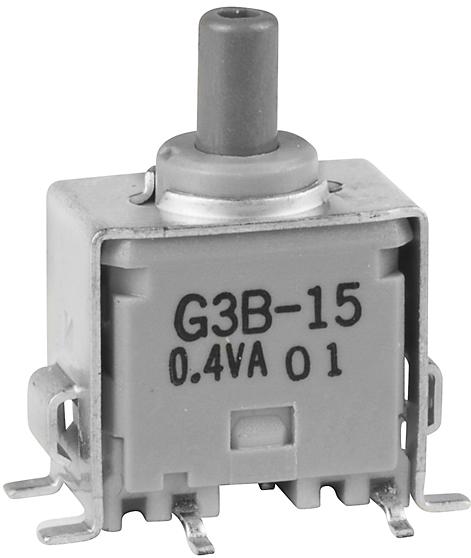 NKK Switches-G3B15AB Botón pulsador Switch Push Button ON (ON) SPDT Round Plunger 0.1A 28VAC 28VDC 0.4VA Momentary SMD Gull Wing Tray