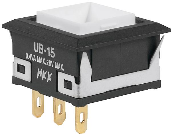 NKK Switches-UB15KKG01N Switch Push Button Switch Push Button ON (ON) SPDT Square Button 0.1A 28VAC 28VDC 0.4VA Momentary Panel Mount Solder Lug