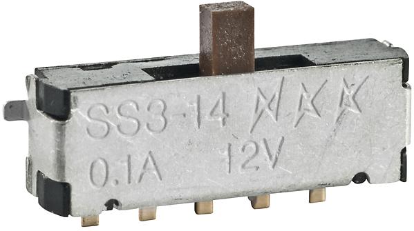 NKK Switches-SS314MAH4 Coulisse de commutateur Switch Slide ON OFF ON SPDT Side Slide 0.1A 28VAC 28VDC 0.4VA 10000Cycles Gull Wing SMD Tray