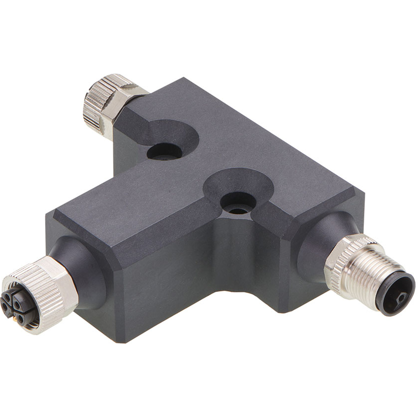 Molex-1205040002 null Micro-Change (M12) L-Coded Solid Body Splitter, 2 x 5-Pole Female to 1 x 5-Pole Male, Black Overmold