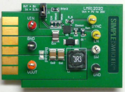 Texas Instruments-LMR12020XSDEVM/NOPB Energiemanagement, Entwicklungsplatinen und -kits LMR12020 DC to DC Converter and Switching Regulator Chip 3.3V/5V Output Evaluation Board