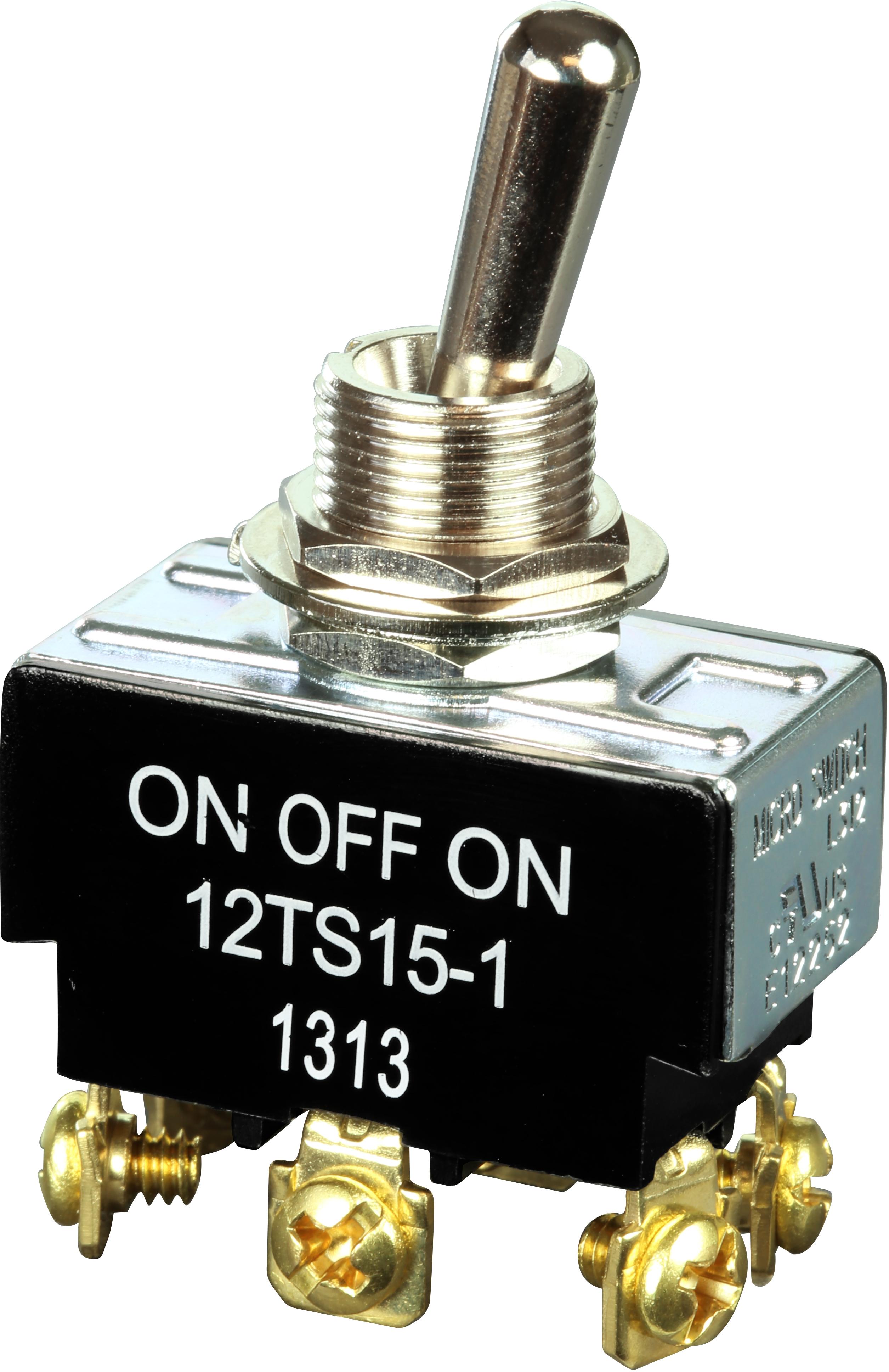 Honeywell-12TS15-1 Switch Toggle Switch Toggle ON OFF ON DPDT Round Lever Screw 20A 277VAC 559.27VA Panel Mount with Threads