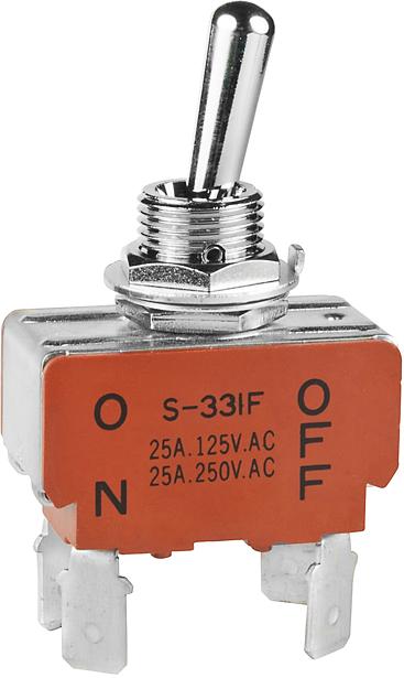 NKK Switches-S331F/CUL Interruptor de palanca Switch Toggle ON None OFF DPST Round Lever Quick Conn 25A 250VAC 30VDC Panel Mount with Threads