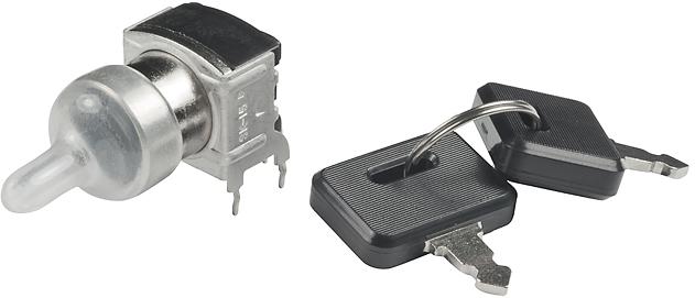 NKK Switches-SK15BG30 Schlüsselschalter Switch Key Lock ON None (ON) SPDT 90° Flat Key 0.1A 28VAC 28VDC 0.4VA PC Pins 30000Cycles Bracket Mount/Through Hole