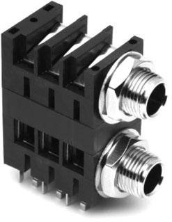 Amphenol-ACJS-MHDM Steckverbinder für Audio und Video Conn 1/4" Stereo Phone Jack F/F 6 POS 3.1mm/3.25mm Solder RA Thru-Hole 12 Terminal 2 Port