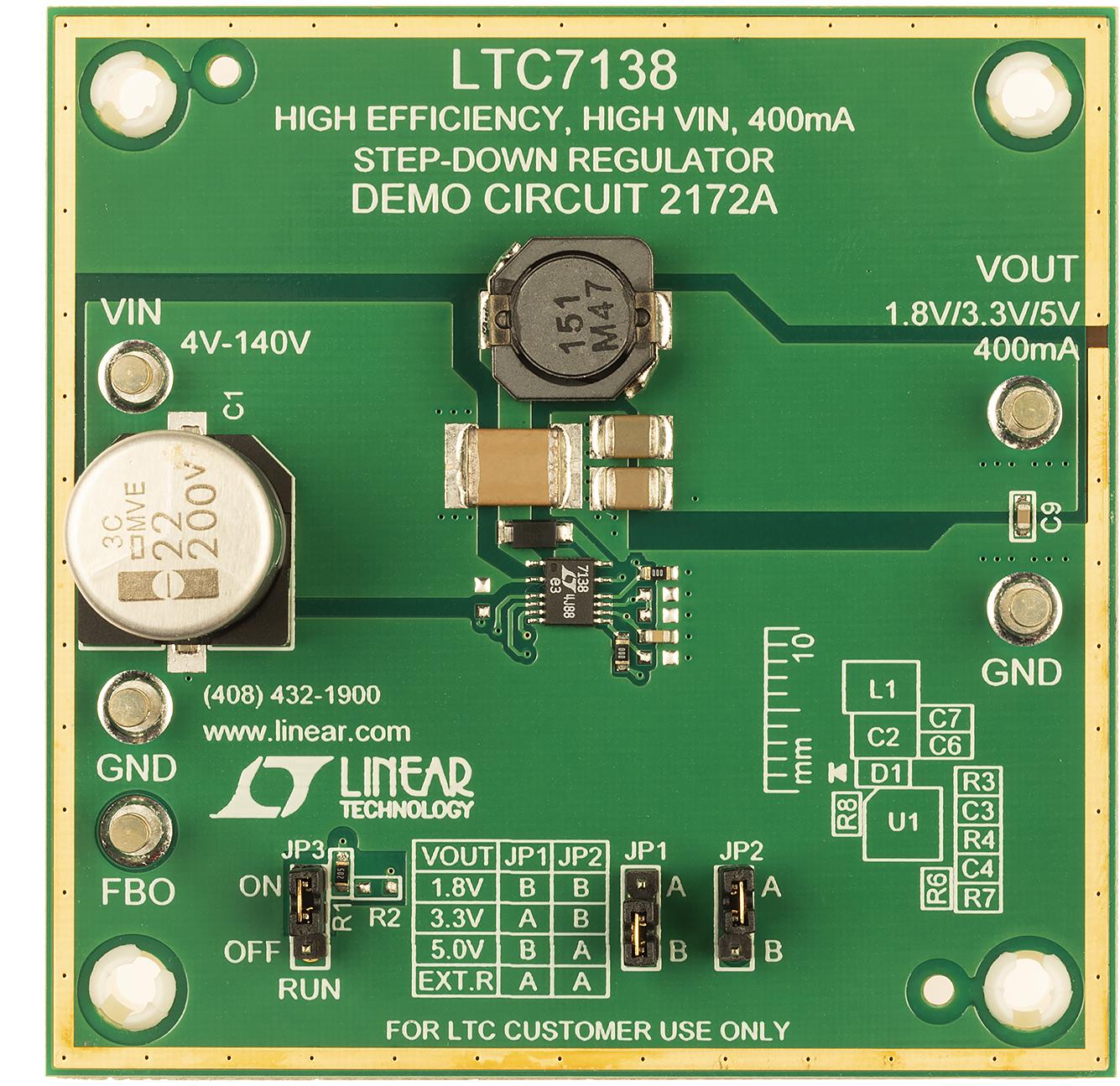 Analog Devices-DC2172A Cartes et kits de développement de gestion de la puissance LTC7138EMSE Demo Board, HV uPower Buck, 4V ≤ VIN ≤ 140V, VOUT = 5V/3.3V/1.8V/Adj @ Up to 400mA