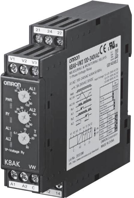 Omron-K8AK-VW3 100-240VAC Relevadores Otros Electromechanical Relay 100 to 240VAC 5A SPDT/SPDT(22.5x100x90)mm DIN Rail Voltage Relay