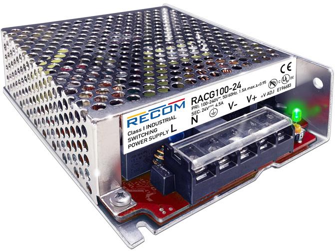 RECOM Power-RACG100-24S Suministro de energía de AC a CC AC/DC Power Supply Single-OUT 24V 4.5A 100W 5-Pin Box
