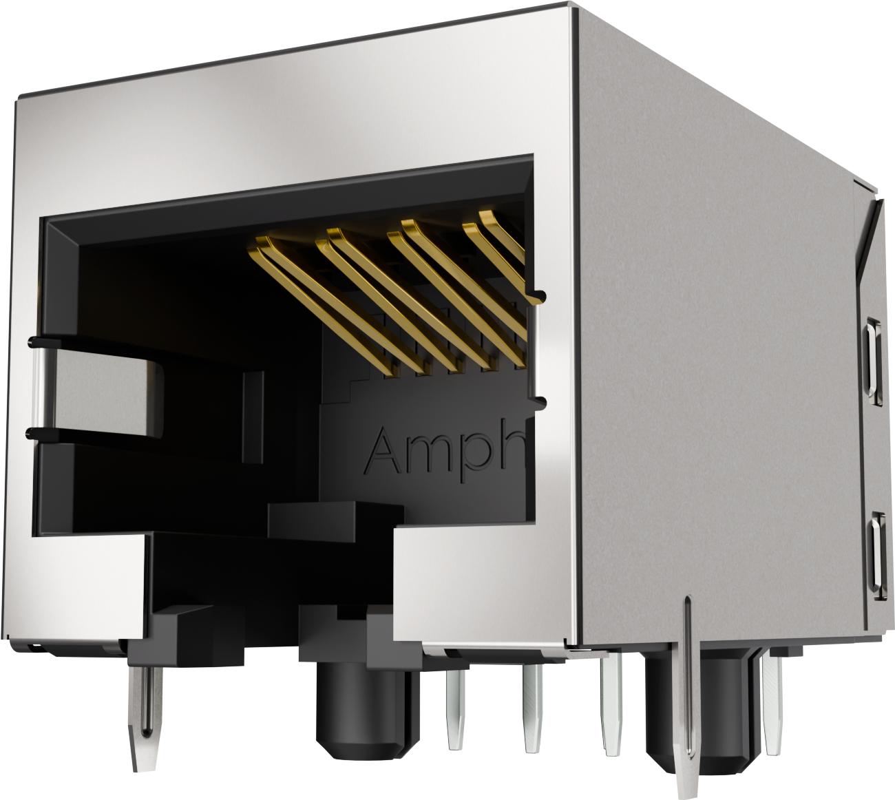 Amphenol-RJE1D18826401 Connettore telefono e telecomunicazione Conn RJ-45 F 8 POS 1.27mm Solder RA Thru-Hole 12 Terminal 1 Port Cat 5e