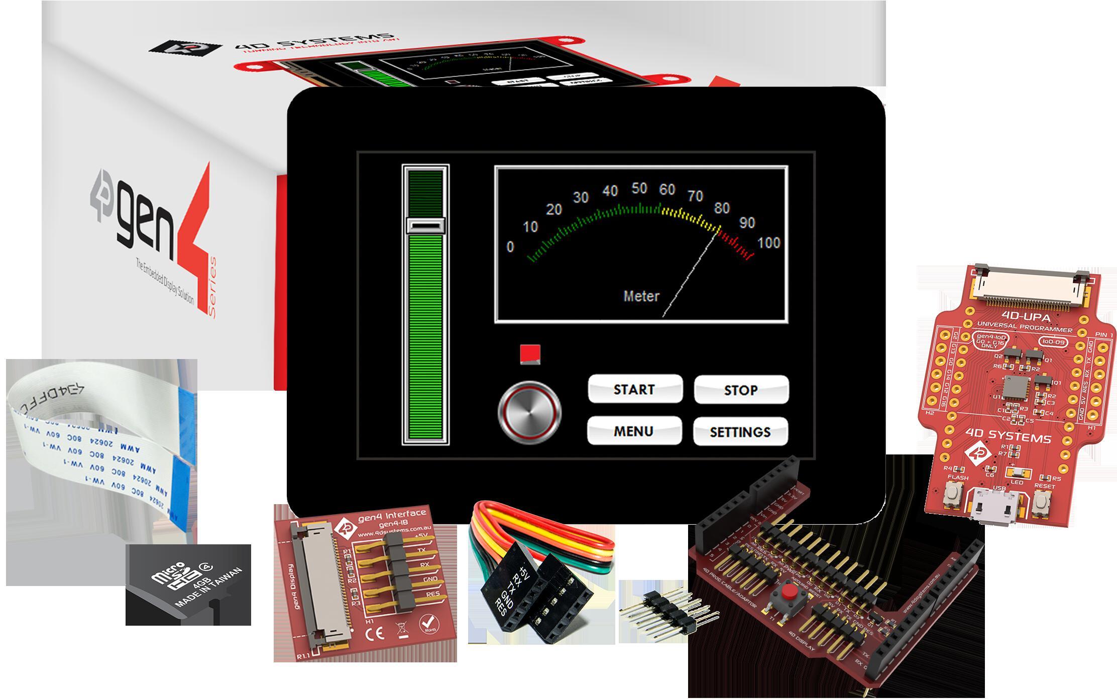 4D Systems-SK-GEN4-35DCT-CLB-AR Entwicklungssätze und Werkzeuge Starter Kit for gen4-uLCD-35DCT-CLB-AR with 4D Arduino Adaptor Shield-II, 4D-UPA , 4GB Industrial microSD Card, 150 mm FFC Cable, 5-way female-to-female ribbon cable with male-to-male adaptor