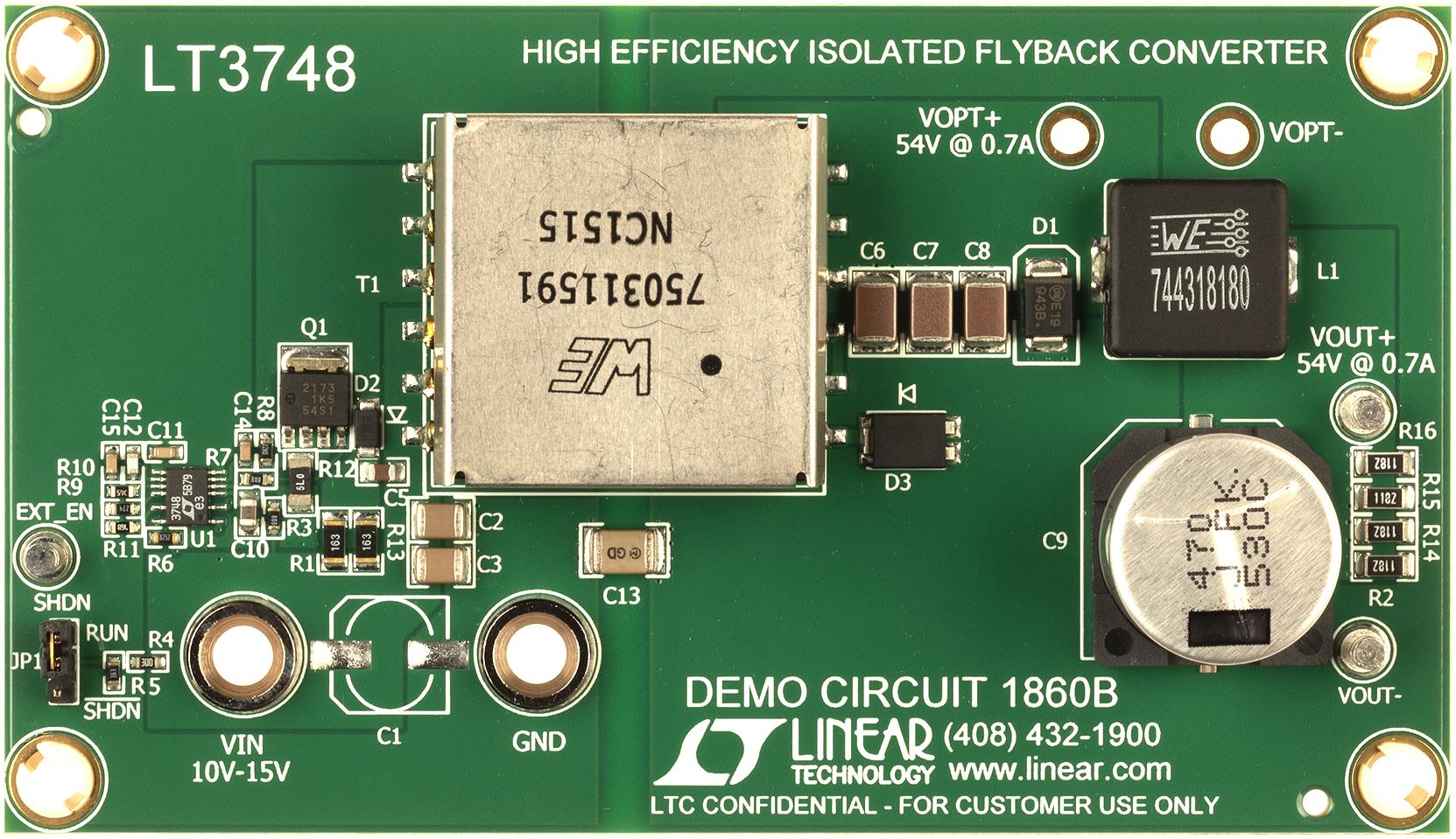 Analog Devices-DC1860B Placas y kits de desarrollo de administración de potencia LT3748EMS Isolated Demo Board, 10V ≤ VIN ≤ 15V; VOUT = 52.5V @ 0.7A
