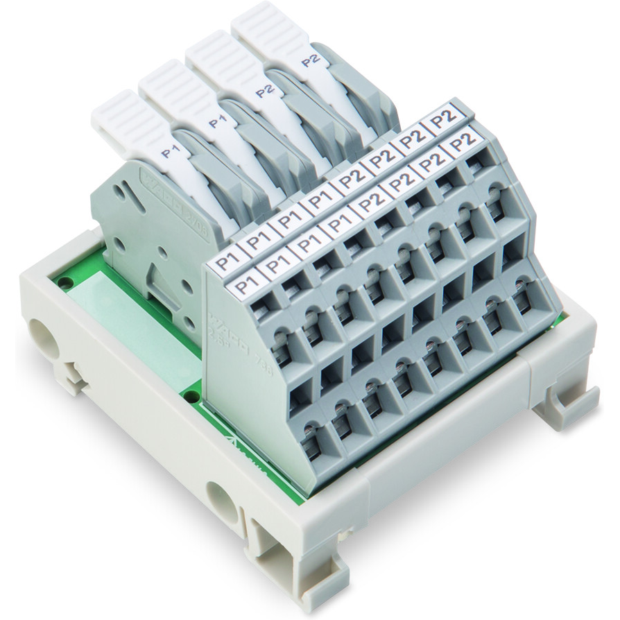 WAGO-830-800/000-315 Schnittstellenmodule Potential Distribution Module, 2 Potentials, with 2 input clamping points, Conductor cross-section up to 6 mm2, operating lever, with 8 output clamping points each, Conductor cross-section up to 2.5 mm2