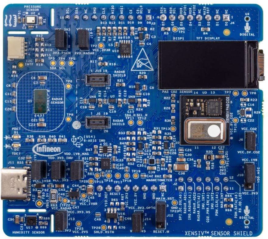 Infineon Technologies AG-SHIELDXENSIVA 传感器开发电路板和套件 BGT60LTR11AIP/BMI270/BMM350/DPS368/SHT35 Inertial Measurement Unit/Magnetoresistive/Pressure/Radar/Temperature and Humidity Sensor Shield Board