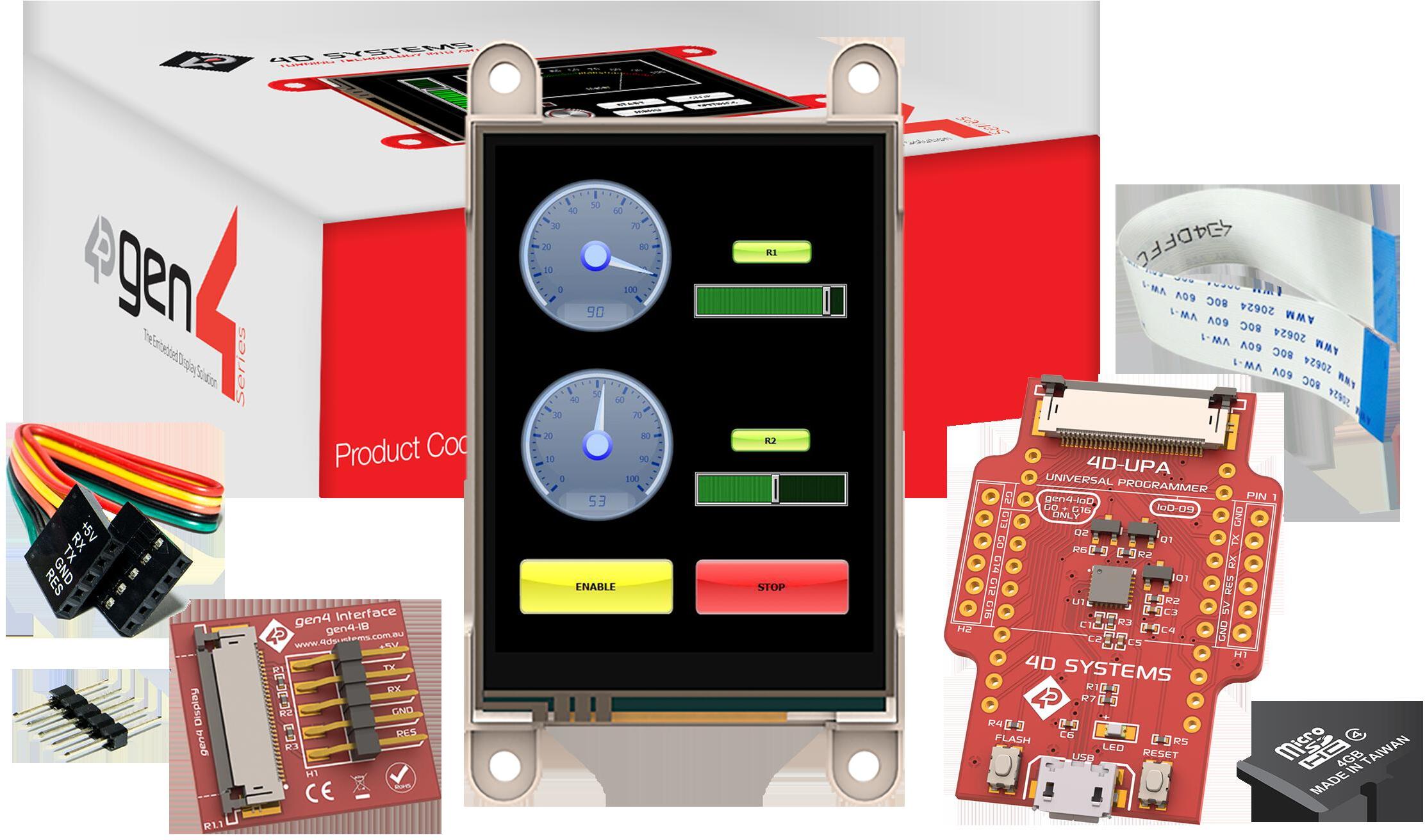 4D Systems-SK-GEN4-24DT Entwicklungssätze und Werkzeuge Starter Kit for gen4-uLCD-24DT with uSD-4GB Industrial, gen4-IB, 4D-UPA and 150mm FFC Cable