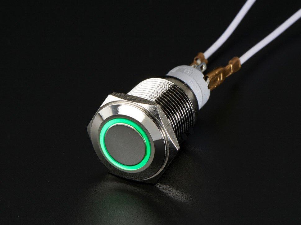 Adafruit Industries-560 Switch Push Button Rugged Metal Pushbutton with Green LED Ring-16mm Green Momentary