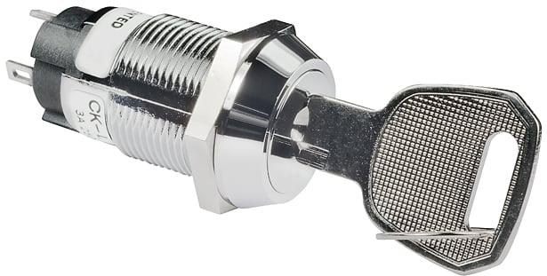 NKK Switches-CKL12BFW01-017 Switch KeyLock Switch Key Lock ON None ON SPDT 90° Flat Key 3A 250VAC Solder Lug 30000Cycles Panel Mount
