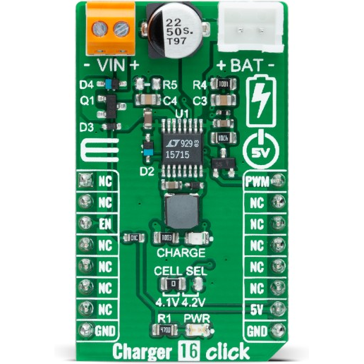 MikroElektronika-MIKROE-4768 Energiemanagement, Entwicklungsplatinen und -kits LT1571 Battery Management 4.1V/4.2V Output Click Board