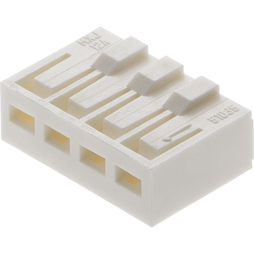 Molex-2124150400 | Molex 2.50mm Board-in Connectors Carcaza de cables discretos de conector 2.50mm Pitch, Board-In Crimp Housing, 4 Circuits, Right-Angle, Natural