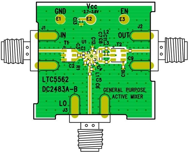 Analog Devices-DC2483A-B  LTC5562 - Low Power Mixer Demo Board Set Up for Downconversion Applications with IF Output Turned to 10MHz to 550MHz