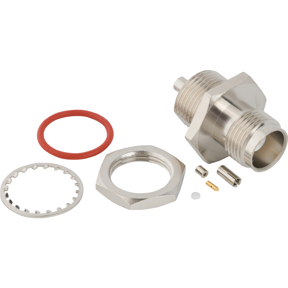 Amphenol-031-7001 RF-Steckverbinder RF Connector TNC Straight Crimp Jack 1.32 mm Micro-cable Bulkhead Front Mount 50 Ohm IP67