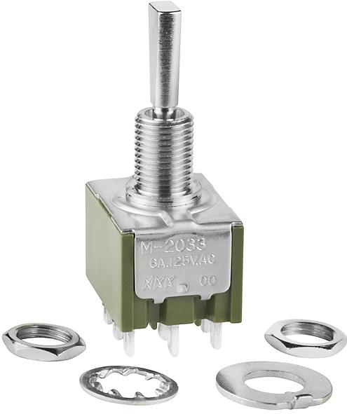 NKK Switches-M2033ES1W01 Switch Toggle Switch Toggle ON OFF ON 3PDT Small Flat Lever Solder Lug 6A 250VAC 30VDC Panel Mount with Threads