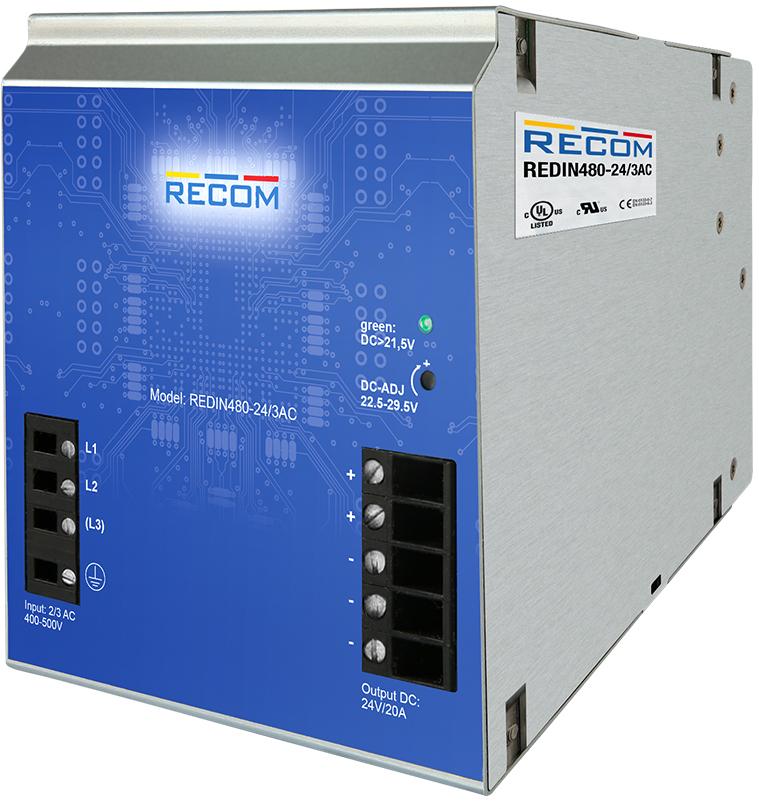 RECOM Power-REDIN480-24/3AC Alimentazione da CA a CC AC/DC Power Supply Single-OUT 24V 20A 480W 9-Pin Box