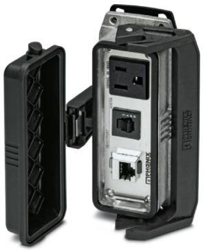 PHOENIX CONTACT-1415759 Schrumpfbalgenadapter HEAVY PORT B24 panel mounting base, with single locking latch, with plastic protective cover, with stainless steel front plate connections, 1x shielded RJ45 CAT5e (female/female), 1x 120 V AC outlet, 1x 3 A circuit breaker