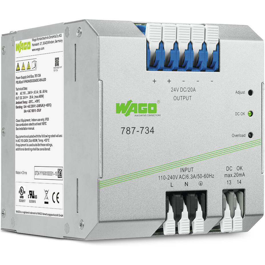 WAGO-787-734 AC-DC-Spannungsversorgung AC/DC Power Supply Single-OUT 24V 20A Box