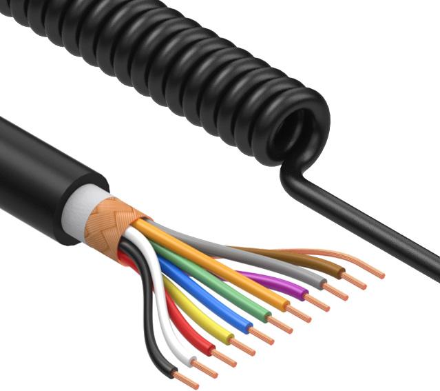 Tensility International-31-00150 Kabel, Mehrleiter Coiled Cable Braid Thermoplastic Elastomer 10Conductors 22AWG 7.5mm 300V Black Thermoplastic Polyurethane 1.115m