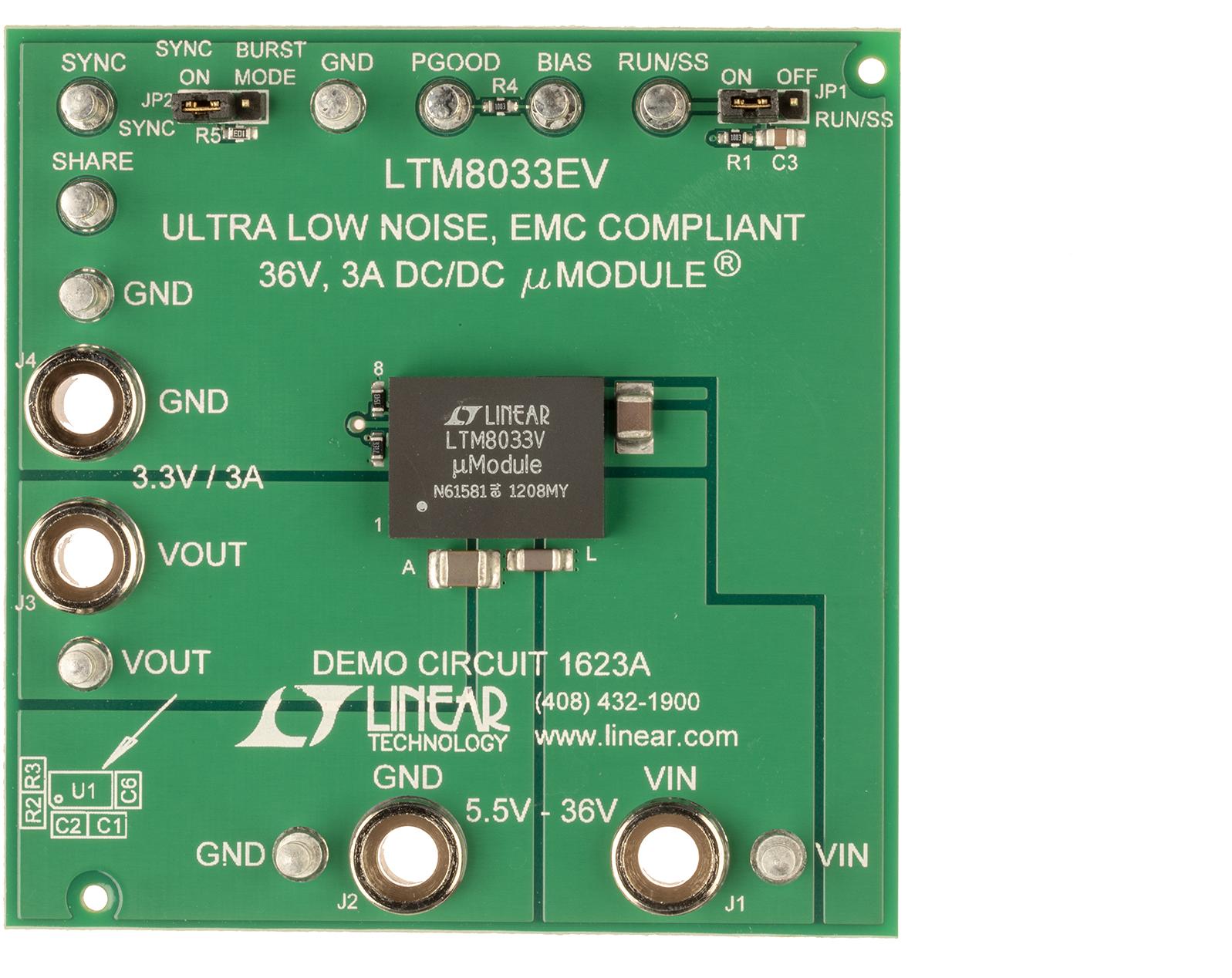 Analog Devices-DC1623A Energiemanagement, Entwicklungsplatinen und -kits LTM8033EV Demo Board, Ultralow EMI uModule Regulator, 5.5V ≤ VIN ≤ 36V, VOUT = 3.3V @ 3A
