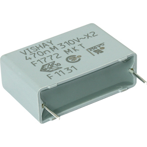 Vishay-F17724472030 Capacitor Film Cap Film Suppression X2 0.47uF 630VDC/310VAC PET 10%( 31 X 11 X 21mm) Radial Plastic Rectangular Can 27.5mm 110°C Bulk Automotive AEC-Q200