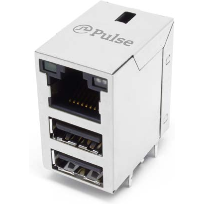 Pulse Electronics Corporation-JXD4-4001NL Interfaz de conector Conn RJ-45/Dual USB 2.0 Type A (3)F 8/4/4 POS 1.27mm/2mm/2.5mm Solder RA Thru-Hole 20 Terminal 3 Port Tray